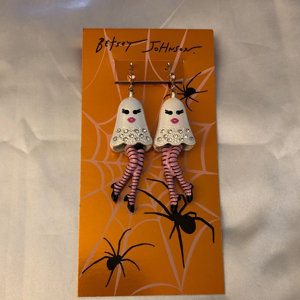 Betsey Johnson Gold Tone & White Ghost Drop Earrings Pink Striped Witch Legs NWT